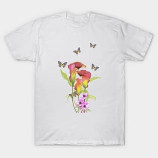 Calla And Anemone Flowers With Butterflies T-Shirt